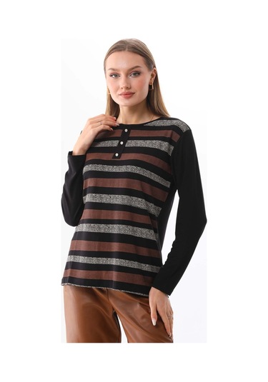 Sistas Kadın Desenli Bisiklet Yaka Uzun Kol Bluz 23596 Siyah