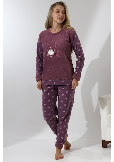 Fawn 5020 Peluş Welsoft Polar Kışlık Yumoş Kadın Pijama Takımı Lila