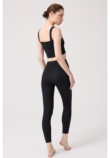 Siyah Şardonlu Yüksek Bel Kadın Spor Tayt SiYAH Siyah