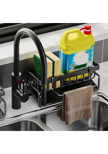 Pazly Mutfak Lavabo Organizatörü Sünger Tutucu, Kendiliğinden Boşalan Tepsi, Bulaşık Sabunu, Fırçalama, Bezi, Paslanmaz Çelik Raf Siyah