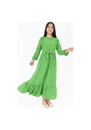 Kiz Cocuk Uzun Elbise Aerobin Keten Kumaş Tesettüre Uygun Uzun Boydan Elbise Erik Yeşili