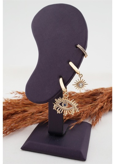 Kadın Altın Kaplama Kararmaz Zirkon Işleme Göz Figürlü 3 Lü Küpe Altın-M Altın