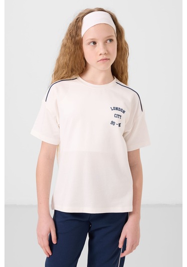 Ekru-parlament O Yaka Baskılı Lastik Paçalı Standart Fit Kız Çocuk Eşofman Takım - 75186 Ekru/parlament Ekru - Parlament Mavi