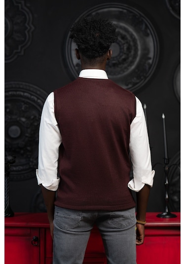V Yaka Regular Fit Yünlü Kolsuz Triko Süveter Bordo