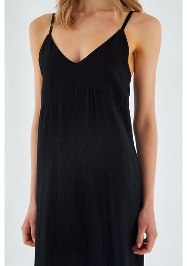 4252 Kadın İp Askılı V Yaka Elbise Siyah Siyah