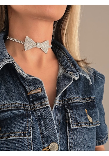 Papyon Model Rhinestone Choker Tasma Model Gümüş Renk Kolye Silver Çok Renkli