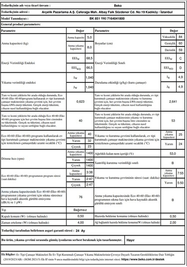 Beko BK 851 YKI 1400 Devir 8 KG + 5 KG Kurutmalı Çamaşır Makinesi