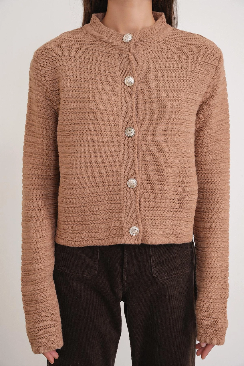 6778 Kadın Links Desenli Crop Triko Hırka Camel Camel