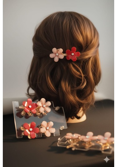 Çiçek Şeklinde Metal Toka, Metal Klipsli Renkli Çiçek Toka 4 Adet Kırmızı - Pembe