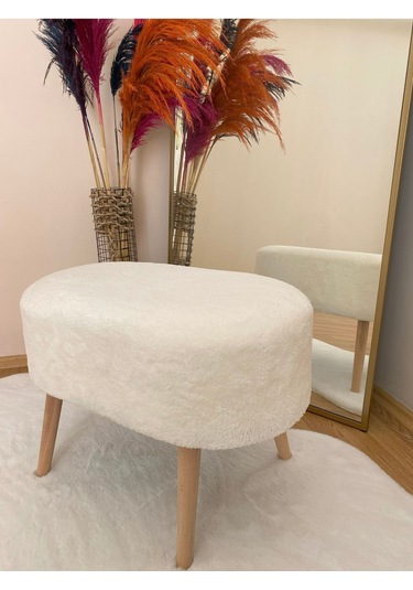 Oval Model Ahşap Ayaklı Teddy Kumaş Dekoratif Puf