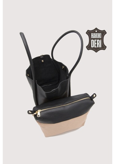 Hakiki Deri Kadın Organizerlı Omuz Çantası Siyah Smr9205 Siyah