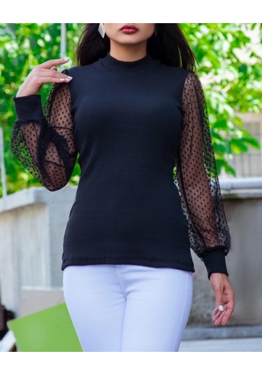 Kadın Siyah Kolu Tül Detaylı Yarım Balıkçı Kaşkorse Bluz Siyah