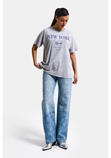 Itsbasic Kadın Antrasit S6-13 Oversize New York Baskılı T-shirt