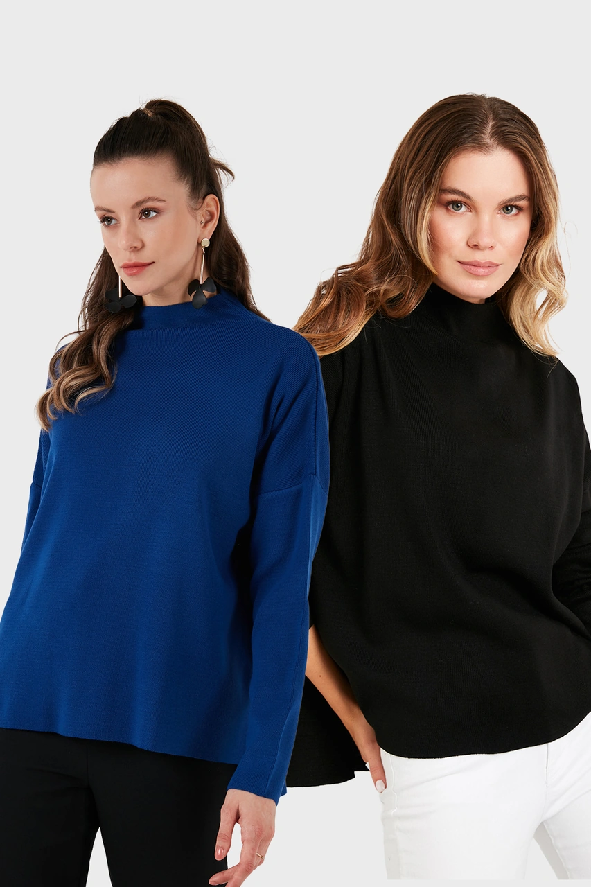 Lela Pamuklu Arkası Uzun Dik Yaka 2'Li Paket Triko Bayan Kazak 4615002S2 Mürekkep-Siyah