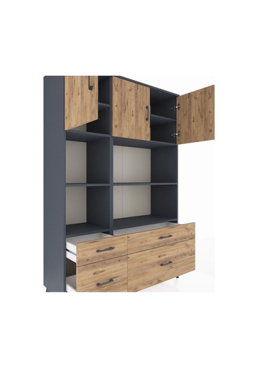 Hyperion Dolap 8 Raflı 4 Çekmeceli 3 Kapaklı 132x44x195 Antrasit-çam/çam Atlas Çam/atlas Çam