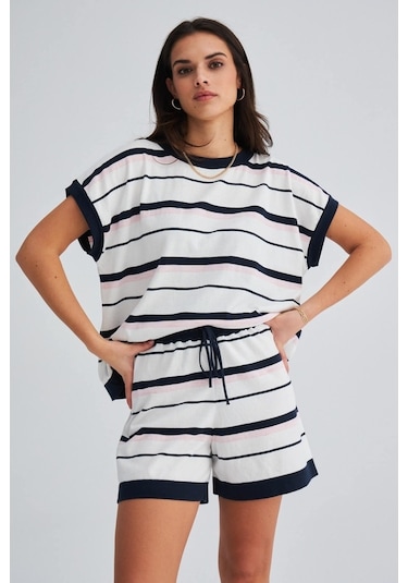 Peraluna Marıne Blouse & Shorts %100 Pamuk Yazlık Kadın Triko Şor Lacivert