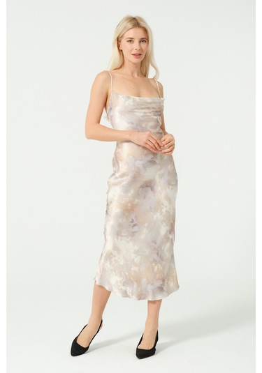 S'amore Clothing Degaje Döküm Saten Elbise Multi Bej Multi Desen
