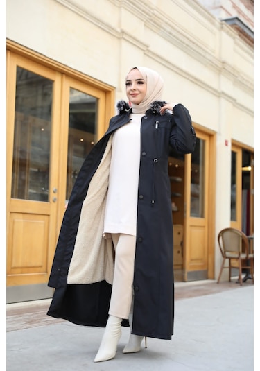 BATTAL  BÜYÜK BEDEN KADIN İÇİ TAMAMEN KÜRKLÜ PARDESÜ & MONT Siyah