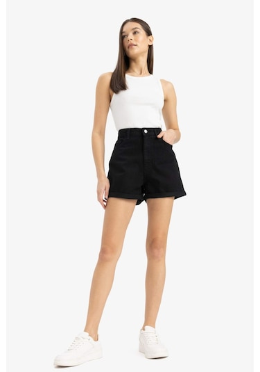 DeFacto Mom Fit Yüksek Bel Duble Paça Jean Şort E0926AX25SMNM40 Siyah
