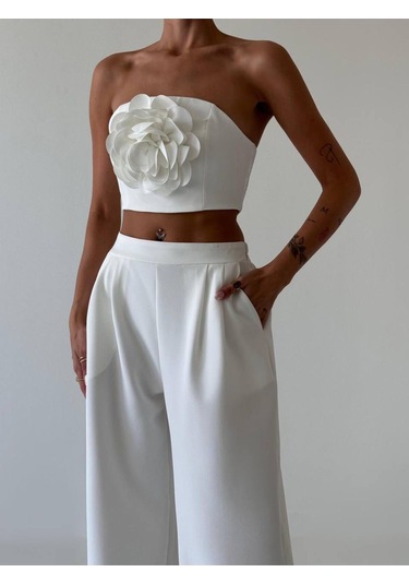 Kadın Straplez Gül Detaylı Üst Ve Yüksek Bel Pantolon Takım Beyaz
