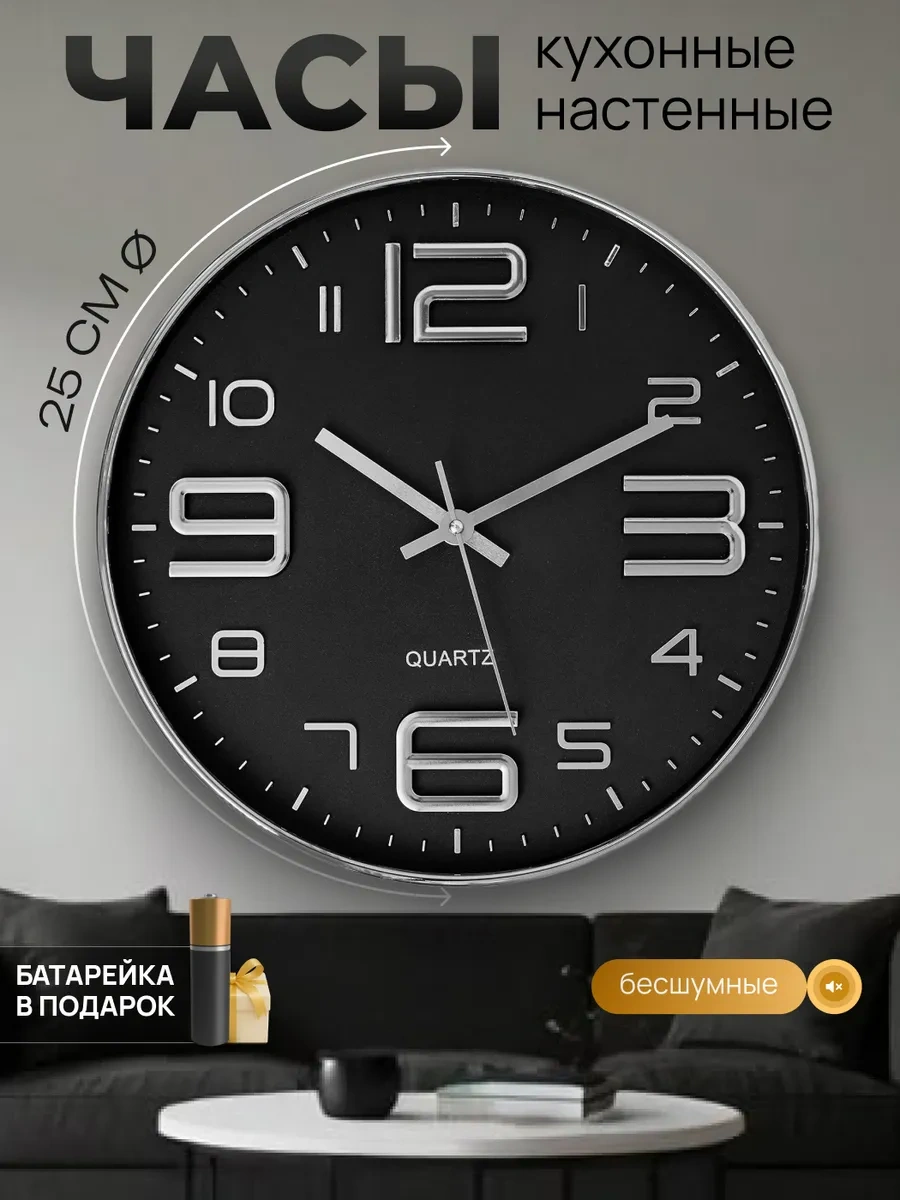 Casy Market Mutfak İçin Yuvarlak Sessiz Duvar Saati 25 Cm 462986365 Siyah