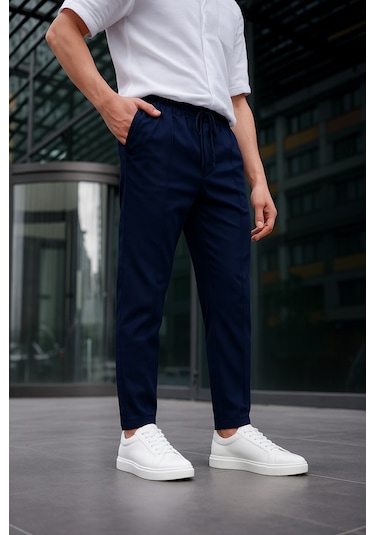 Erkek Lacivert Renk Esnek Likralı Fermuar Detaylı Jogger Pantolon-1804 Lacivert