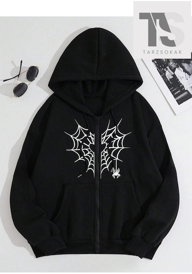 Adrift Kalp Ağ Minimal Örümcek Sweatshirt Fermuarlı Hırka Siyah
