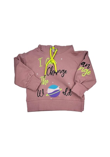 Yazılı Yırtmaçlı Kız Bebek Kapşonlu Sweat Pudra 001