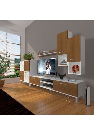 Decoraktiv Eko 6da Mdf Dvd Krom Ayaklı Tv Ünitesi Tv Sehpası Beyaz - Ceviz
