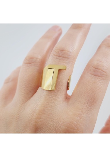 Çelik Gold Düz Kesim Harf Yüzük -t Harfi- Ayarlı Ölçü-1899 Altın