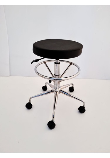 Siyah Deri Tekerlekli Yüksek Bar Boy Laboratuvar Taburesi