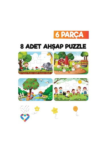 Ahşap Çocuk Puzzle 6 Parça 8 Adet