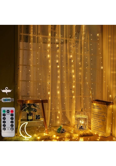 Symbee Usb Led Perde Işık Zinciri 200 Işık 8 Modlu Kumandalı Bakır Tel 3x2m Isı Beyaz Ev Bahçe Noel Dekorasyon Işığı Sıcak Beyaz
