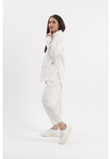 Yanı Yırtmaçlı Krinkıl Kumaş Göz Nakışlı Keten Gömlek - Ekru-ekru Ekru