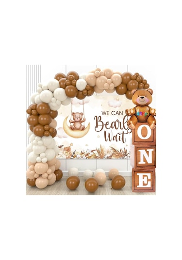 Oyuncak Ayı Temalı 1 Yaş Doğum Günü Seti Ahşap Görünümlü One Kutu Ve Retro Balon Zincir Set