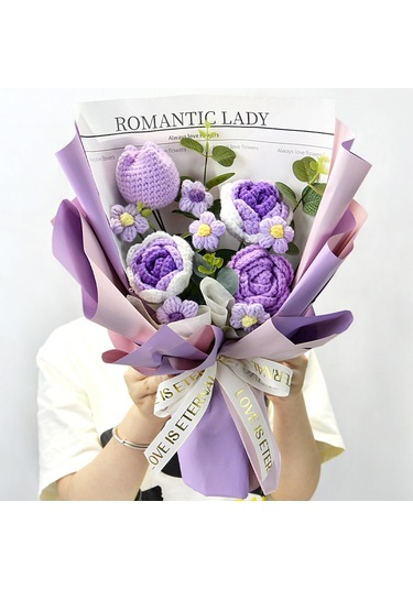 Ayçiçeği Yün Buket Bitmiş Örme Çiçek El Örgüsü Gül Anneler Günü Hediyesi Açık Pembe