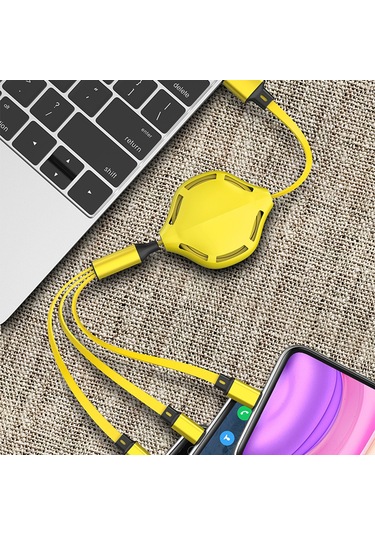 Suofeng 3.6ft Genişletilebilir 3-in-1 Şarj Kablosu: Lightning, Type-c, Micro Usb - Sarı 2a Hızlı Şarj, Silikon Malzeme