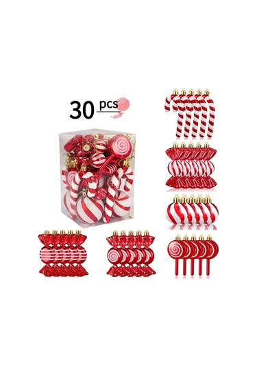 Geeksen 30 Adet Kırmızı-beyaz Plastik Noel Şeker Askısı Seti Nane Şekeri, Asma Şeker, Çubuk Şeker Figürleri