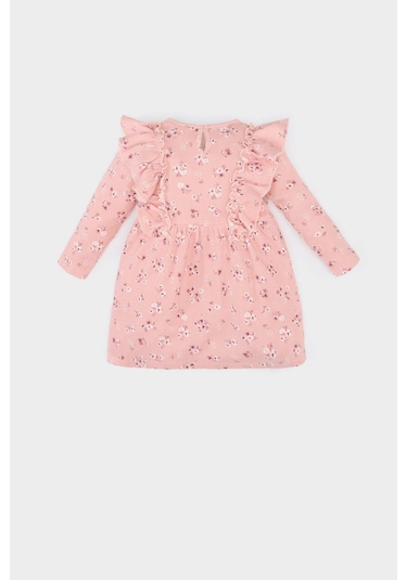 DeFacto Kız Bebek Çiçekli Uzun Kollu Waffle Elbise D9563A525SPPN243 Pembe