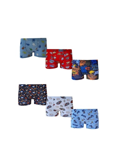 6Lı Erkek Çocuk Renkli Desenli Baskılı Boxer Külot