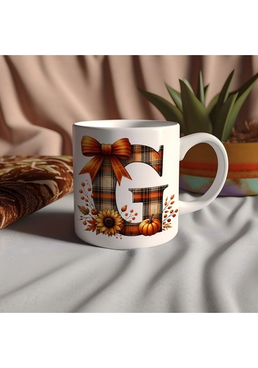 G Harfi Ekose Ve Sonbahar Temalı Kupa Bardak - Kişiye Özel Sıcak Tonlar Alfabe Kupa - Hediye Beyaz