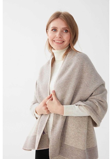 Desen Triko Kadın Çiçek İşlemeli Triko Şal 23154 V. Bej