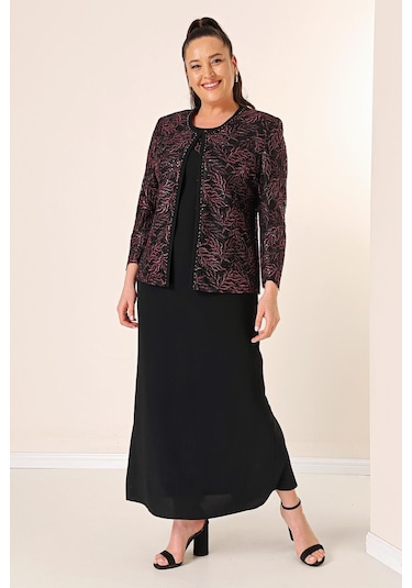 Yakası Boncuk Nakışlı Uzun Elbise Boncuk Pul Nakışlı Ceket Astarlı Büyük Beden 2'li Takım-35341-bordo Bordo