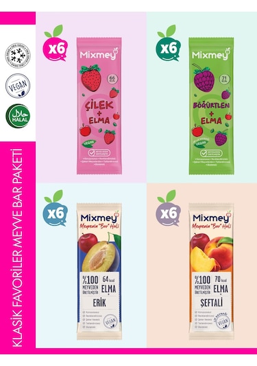 Mixmey Klasik Favoriler Meyve Bar Paketi 24 Adet | Sağlıklı Atıştırmalık Vegan, Glutensiz (20GR X 24 ADET)