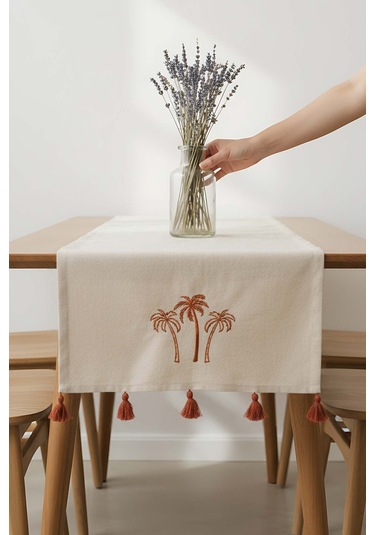 Palmiye Nakışlı Buldan Kumaş Runner 50x130 Cm Krem