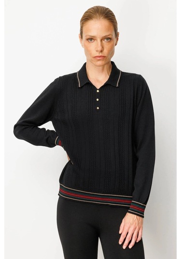 Desen Triko Polo Yaka Simli Çizgili Kadın Yün Bluz 25080d Siyah
