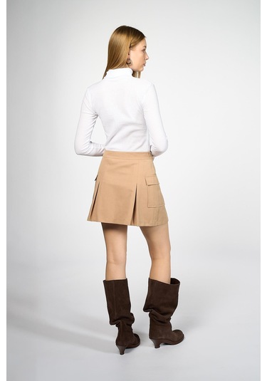 Thalure Kadın Camel Kargo Cepli Pileli Mini Etek Camel