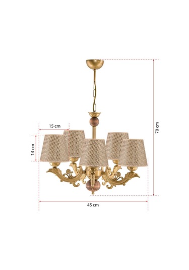 Beş Kollu Ahşaplı Eskitme Zamak Metal Döküm Avize Kahverengi Rattan Hasır Şapkalı Kahverengi