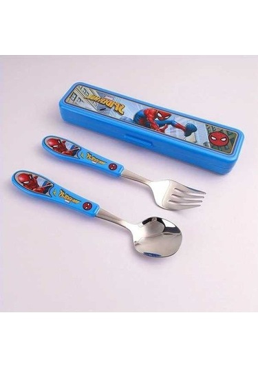 Fastbuy 3'lü Paslanmaz Çelik Örümcek Adam Kaşık Çatal Seti, Ahşap Kutulu, Taşınabilir Yeniden Kullanılabilir Sofra Takımı Ahşap