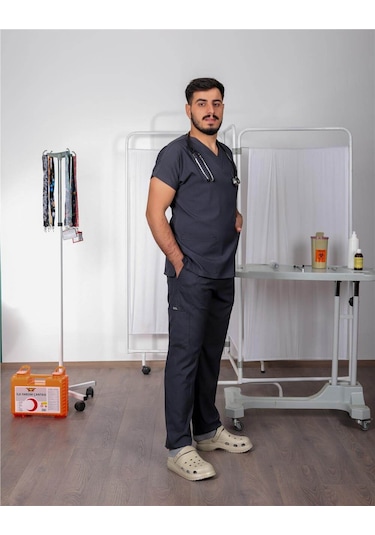 Likralı Cerrahi Forma Unisex Hemşire Doktor Sağlıkçı Forması Scrubs Üniforma Antrasit